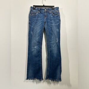 ROCK REVIVAL WOMEN'S NOELLE BOOT CUT JEANS SIZE 30 FRAYED HEAVY STITCHING